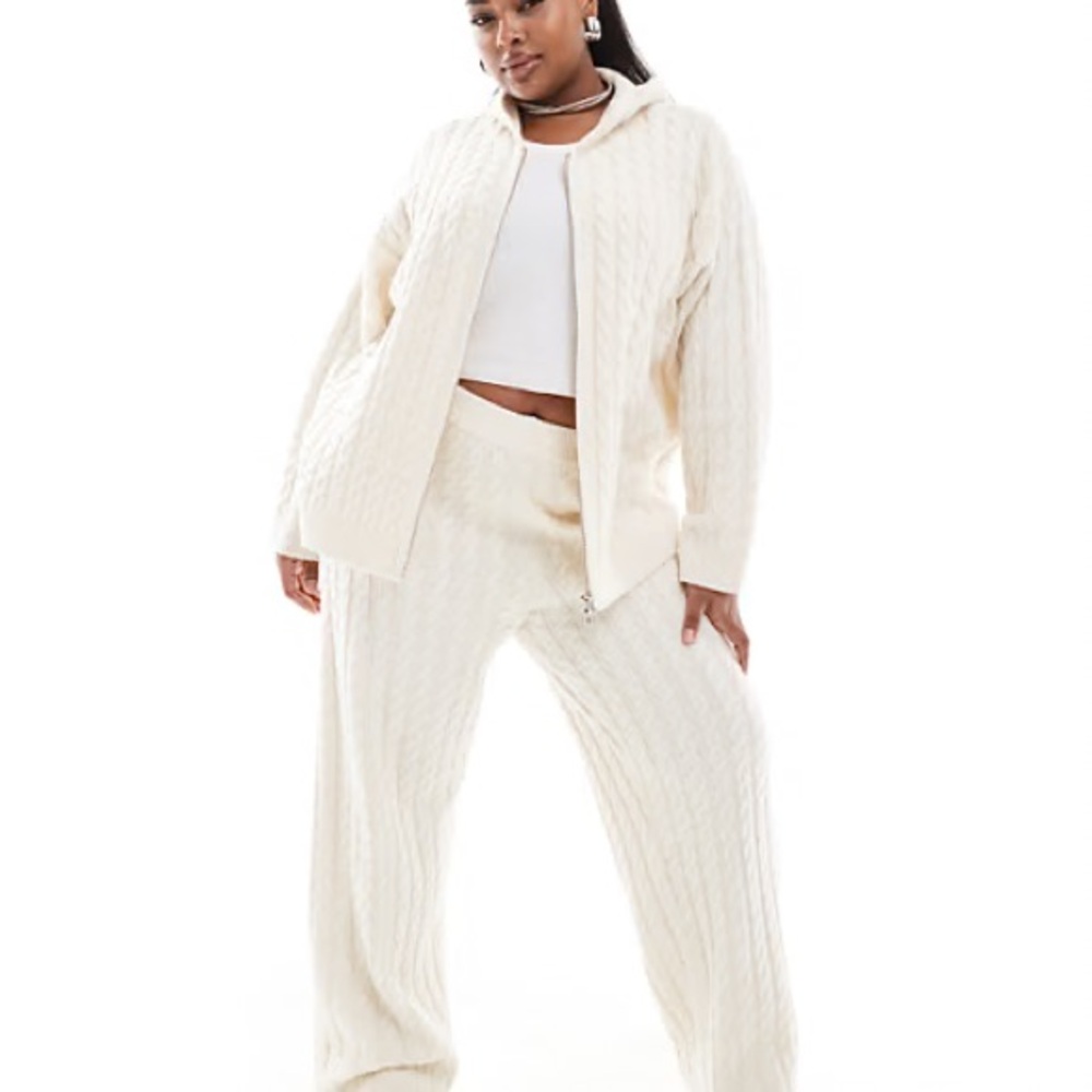 ASOS 4th & Reckless Wool Mix Cable Knit Longline Hoodie in Cream - Picture 2 of 5